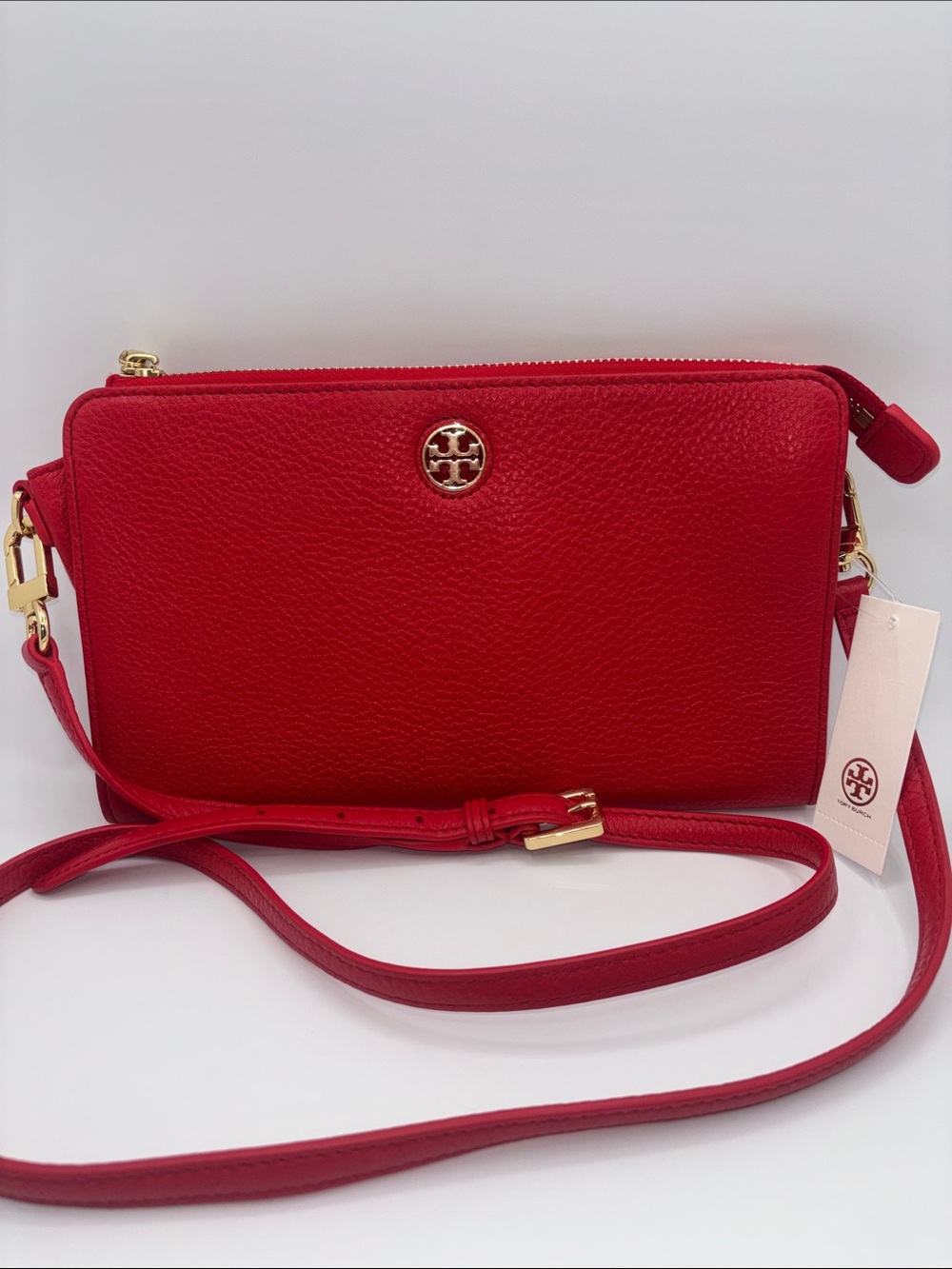 Tory Burch Brody Red Pebbled Leather Crossbody with Gold Logo